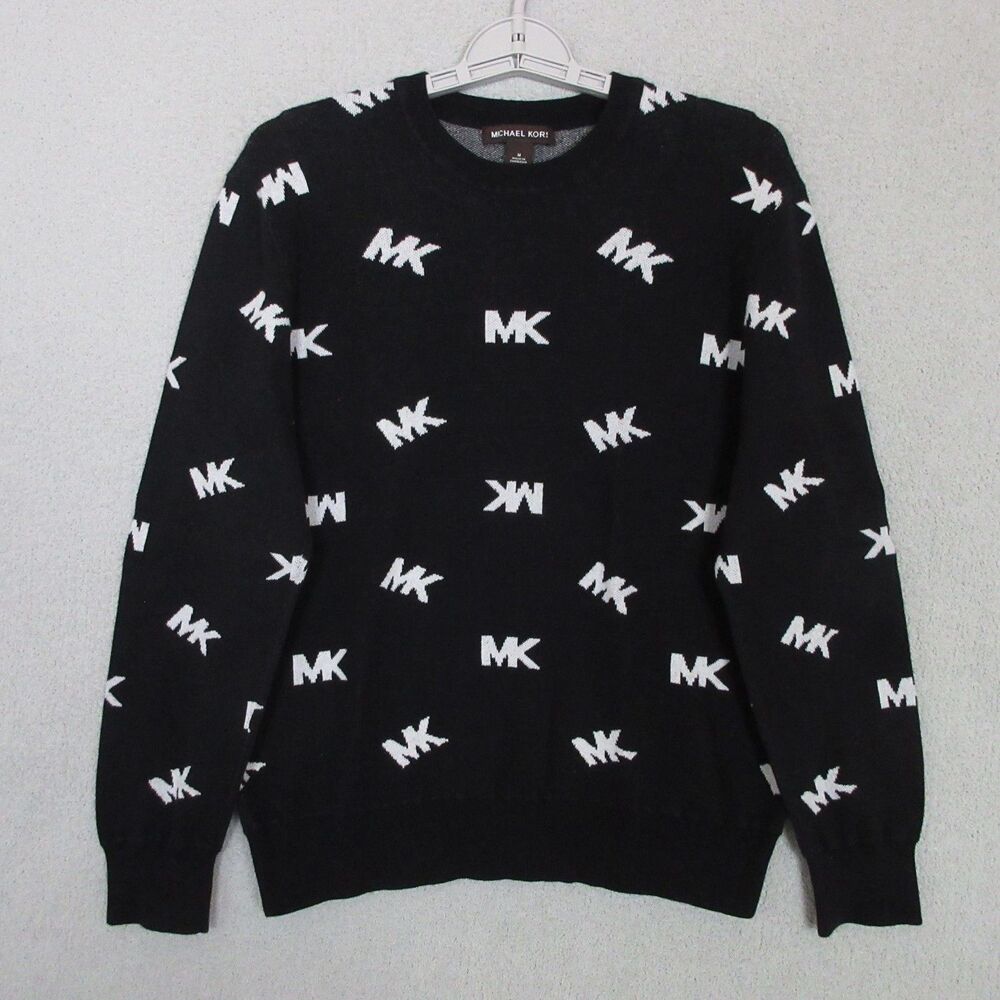 Michael‎ Kors Sweater Womens M Black MK Logo Crew Cotton Long Sleeve Ribbed Hem
